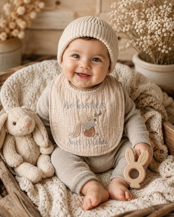 Embroidered Bunny Muslin Bib | "No Kisses, Just Wishes" | Neutral Baby Shower Gift