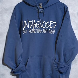 May include: A blue hooded sweatshirt with the text "UNDIAGNOSED BUT SOMETHING AINT RIGHT" in white.