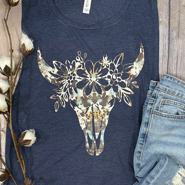 Boho Cow Skull Muscle Tank | Summer Sleeveless Cowgirl Tee | Plus Size Tank Top | Boho Floral Cow Pattern Tank | Country Tank Top