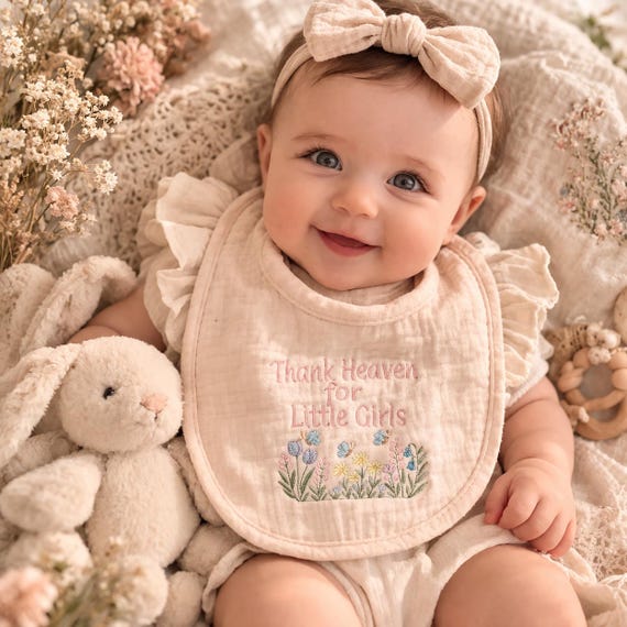 Embroidered Muslin Baby Bib, Wildflower Boho Design, Personalized Keepsake Gift