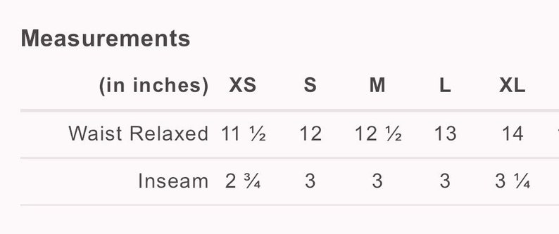 May include: Size chart showing waist and inseam measurements in inches for sizes XS, S, M, L, and XL.