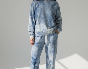 Handmade Indigo Marbled Tie Dye Sweatpants with Pockets, Plus Size Loungewear, Long, Fleece Sweatpants