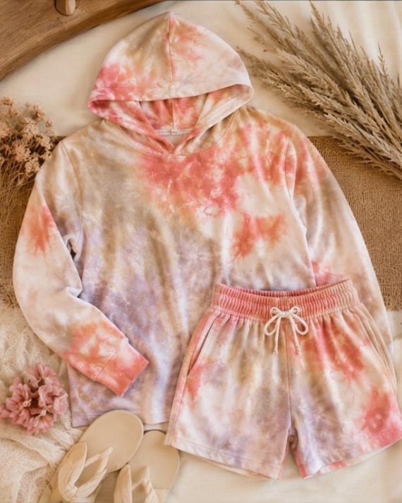 Hand Dyed Tie Dye Lounge Set, Unisex Hooded Tee & Shorts, Boho Loungewear, Drift Collection