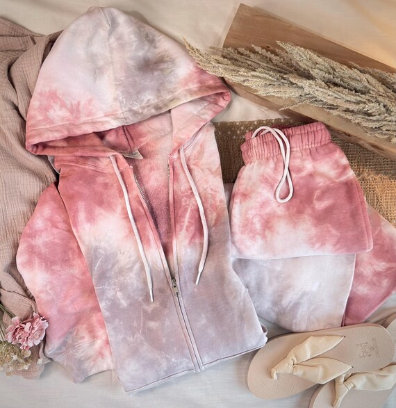 Coral Tie Dye Sweat Set | Matching Hoodie and Sweatpants | Neutral Lounge Set | Handmade Coastal Loungewear