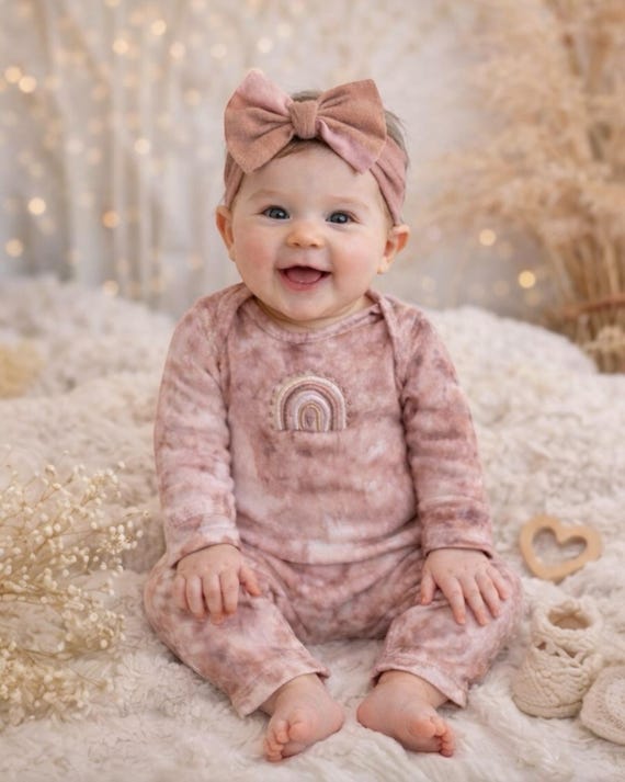 Handmade Neutral Tie Dye Baby Coverall • Embroidered Rainbow Romper