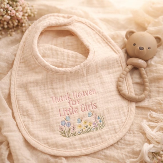 Embroidered Muslin Baby Bib, Wildflower Boho Design, Personalized Keepsake Gift