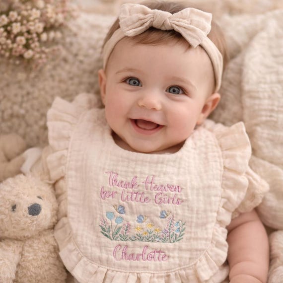 Embroidered Muslin Baby Bib, Wildflower Boho Design, Personalized Keepsake Gift