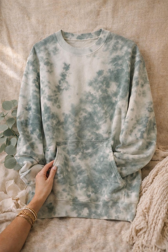 Sage Crumple Tie Dye Fleece Sweatshirt | Kangaroo Pocket, Unisex Pullover Loungewear