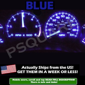 May include: A close-up of a car's dashboard with blue LED lights illuminating the gauges. The gauges include a speedometer, tachometer, fuel gauge, and temperature gauge. The speedometer reads up to 160 km/h and the tachometer reads up to 6,000 RPM.