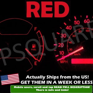 May include: Red gauge cluster with a speedometer, temperature gauge, and fuel gauge. The speedometer reads up to 110 mph and has a red needle pointing to 20 mph. The gauges are illuminated in red.