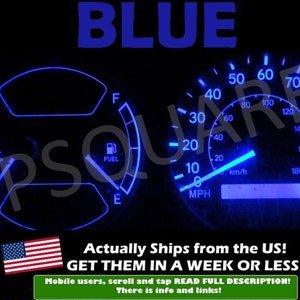 May include: Blue LED gauge cluster kit for a car. The gauges are illuminated in a bright blue colour. The speedometer reads up to 110 mph and the tachometer reads up to 8000 RPM.