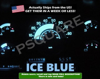 May include: A set of blue LED gauge faces for a car dashboard. The gauges include a speedometer, tachometer, fuel gauge, and temperature gauge. The gauges are illuminated with a bright blue light. The text "ICE BLUE" is displayed on the dashboard.