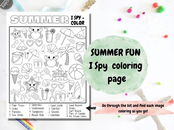 I spy coloring sheet, printable coloring sheet, toddler activities, printable worksheets, Summer theme coloring page, coloring pages
