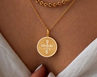 14k Solid Gold & Diamond Cross Medallion,  (14K-DP-145)