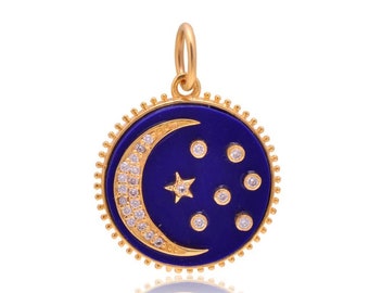 Colgante de luna y estrella de lapislázuli con diamantes pavé en oro macizo de 14 quilates (14K-DP-098)