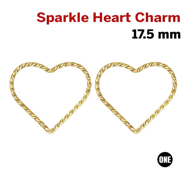 2 Pcs, 14k Gold Filled Wire Sparkle Heart Charm, Heart Sparkle Jump Ring Closed, 17.5 mm, (GF-776)