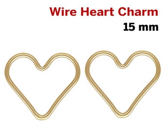 2 Pcs, 14k Gold Filled Wire Heart Charm, 15 mm, 18 GA, (GF-772)