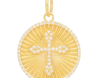 14k Solid Gold & Diamond Cross Medallion,  (14K-DP-145)