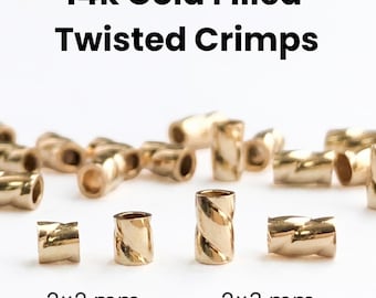 14K Gold Filled Twisted Tube Crimp Beads,  Available in 2 Sizes - 2x2 & 2x3 mm, (GF-381-T)