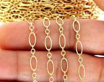 May include: Four strands of gold oval chain, each approximately 18 inches long, are displayed on a hand. The chain is made of small, oval-shaped links.