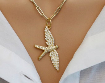 14K Solid Gold Pave Diamond Flying Eagle Pendant, (14K-DP-074)