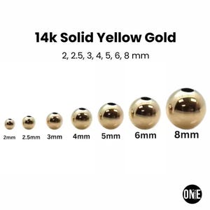 Cuentas redondas sin costuras de oro macizo de 14k de primera calidad, varios tamaños: 2 mm, 2,5 mm, 3 mm, 4 mm, 5 mm, 6 mm (14k-101).