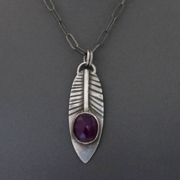Sterling Silver feather w/ Ruby Cabachon Artisan Handcrafted Pendant, (SP-5596)