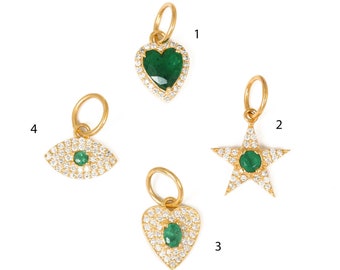 14k Solid Gold & Emerald and Diamond Charms, Heart, Star, Evil Eye (14K-DCH-890)