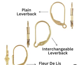 14K Gold Filled Lever Back Earring Wire, Gold Filled Leverbacks Available in 3 Styles - Plain, Interchangeable, Fleur De Lis (GF-323)