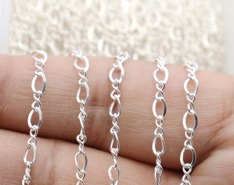 May include: Close-up of a silver-colored chain with oval and figure-eight links. The chain is displayed against a soft, blurred background, suggesting a jewelry or craft supply item. The chain is likely used for necklaces or bracelets.
