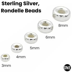 May include: Sterling silver rondelle beads in various sizes, from 3mm to 8mm. The image shows several shiny, silver-colored beads with a donut shape. The text on the image reads "Sterling Silver, Rondelle Beads."