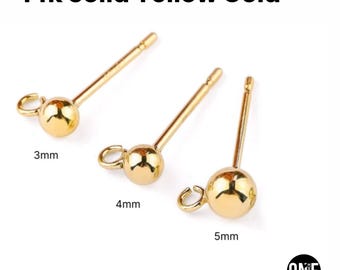 May include: Three 14k solid yellow gold earring posts with ball ends. The posts are 3mm, 4mm, and 5mm in diameter. Each post has a small loop for attaching charms or other earring components.