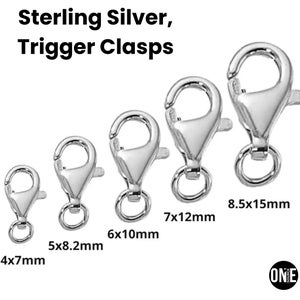 May include: A collection of sterling silver trigger clasps in various sizes. The clasps range from 4x7mm to 8.5x15mm, each with a spring-loaded mechanism and a small ring for attachment. The text "Sterling Silver, Trigger Clasps" is displayed at the top.