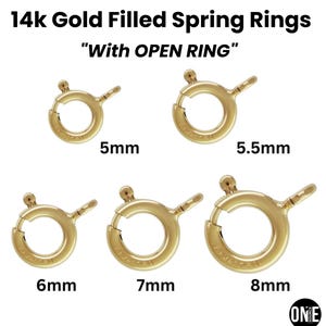 Anillo de resorte chapado en oro de 14 quilates con anilla de salto abierta y cierre de resorte en 5 tamaños: 5 mm, 5,5 mm, 6 mm, 7 mm y 8 mm. Precios al por mayor (GF-450).