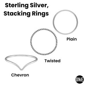 May include: Sterling silver stacking rings in three styles: plain, twisted, and chevron. The plain ring is a simple band, the twisted ring has a rope-like texture, and the chevron ring features a V-shaped design. The rings are displayed on a white background.