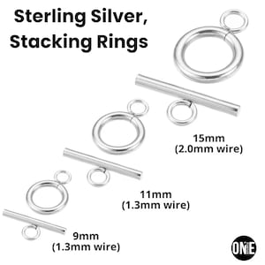 May include: A collection of sterling silver stacking rings in various sizes. The image includes rings with a bar and ring clasp, with sizes of 9mm, 11mm, and 15mm. Text on the image reads "Sterling Silver, Stacking Rings."