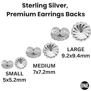 May include: Sterling silver premium earring backs in small (5x5.2mm), medium (7x7.2mm), and large (9.2x9.4mm) sizes. The image shows multiple pairs of earring backs, with a detailed, textured design. The text "Sterling Silver, Premium Earrings Backs" is at the top.