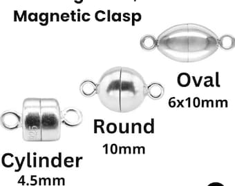 Cierre magnético de plata de ley con cilindro de 4,5 mm, redondo de 10 mm y ovalado de 6 x 10 mm. Fabricado en EE. UU. (SS-877).