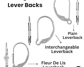 May include: Sterling Silver, Lever Backs. Three types of silver earring findings are displayed: a plain leverback, an interchangeable leverback, and a fleur de lis leverback. Each is shown from both a side profile and a front-facing perspective.