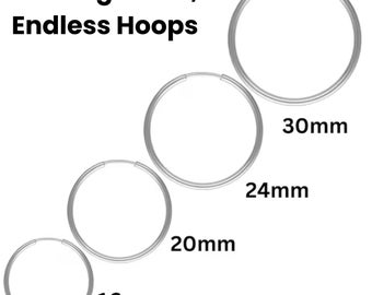 Sterling Silver Endless Hoops Earrings, Earring Wires Hook 1.25mm Thickness Available in 4 Sizes - 16mm, 20, 24mm & 30mm, (SS-746)