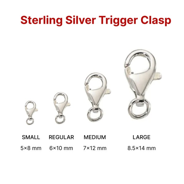 Sterling Silver Trigger Lobster Clasp, 4 Sizes, 8mm, 10mm, 12mm, 15mm, Made in Italy, (SS-876)