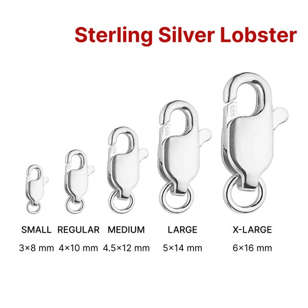 Sterling Silver Lobster Clasp, 5 Sizes, 8mm, 10mm, 12mm , 14mm, 16mm, Made in Italy,  (SS-850)