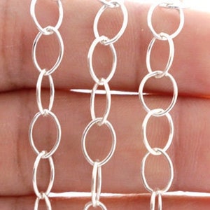 May include: Four strands of silver chain with oval links. The chains are hanging from a hand.