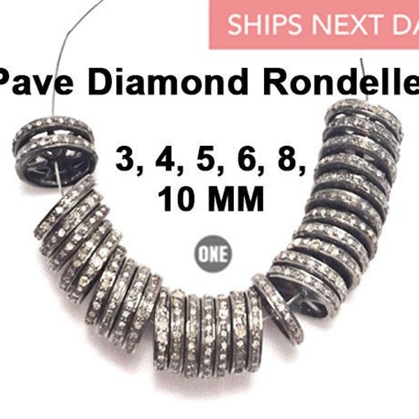 Pave Diamond Spacer Roundels, Mutliple Sizes from 3 to 12 mm, Two Finishes, Antique Rhodium or Yellow Gold, Roundel Spacers (RND/DF/3-12)