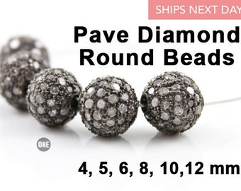 Sterling Silver, Pave Diamond Round beads / Spacers Pave diamond, Multiple Sizes 4 to 12 mm, Yellow Gold or Antique Rhodium, (DF-BA-4-12)