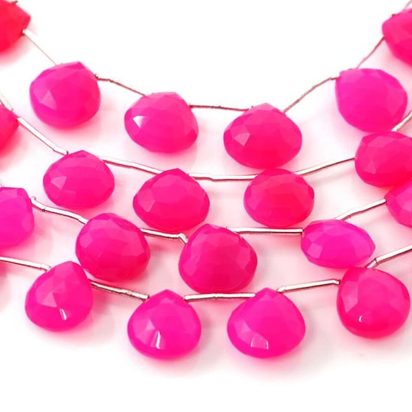 Hot Pink Chalcedony Faceted Heart Drops, 10-11 mm, Rich Color, Chalcedony Gemstone Beads, (CLHP-HRT-10-11)(162)