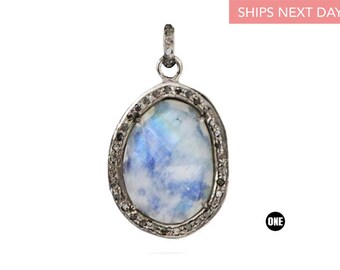 Diamond Jewelry Findings Spacers Moonstone Connector With Pave Setting 48x9mm Bend Silver Findings Sterling 925 Standard