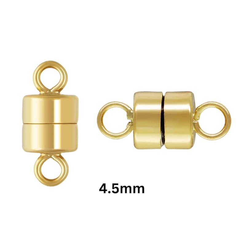 May include: Two gold-colored magnetic clasps for jewelry making. Each clasp has a cylindrical shape with a loop on each end. The clasps are shown separately and connected. The text "4.5mm" is visible.