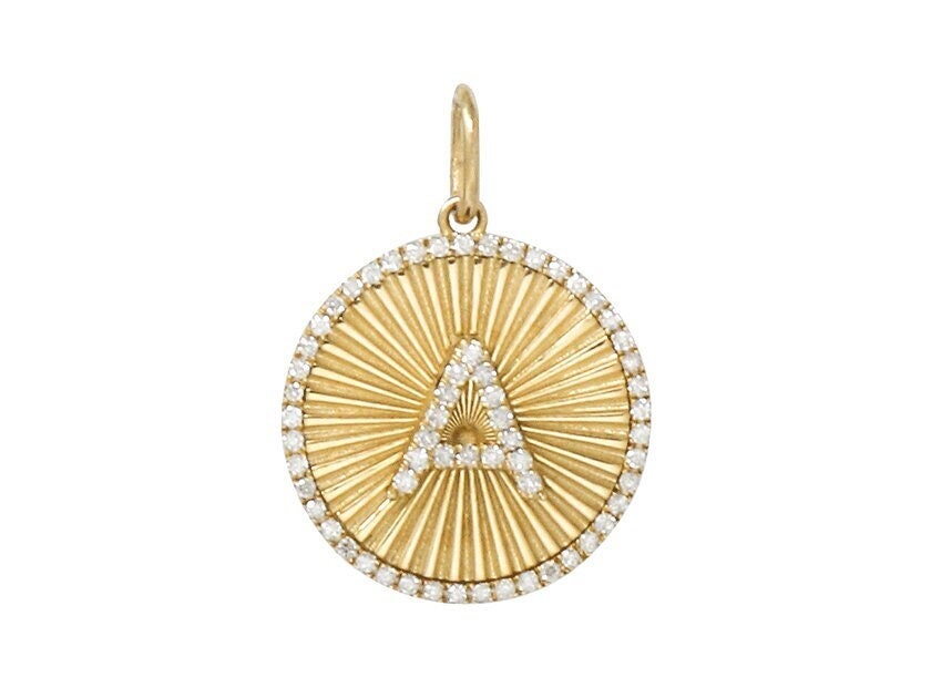 14K Solid Gold Pave Diamond Fluted Initial Pendant, (14K-DP-051)