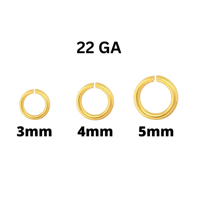 Puede incluir: Tres anillos de salto de oro en tama&ntilde;os de 3 mm, 4 mm y 5 mm. Los anillos son de calibre 22.